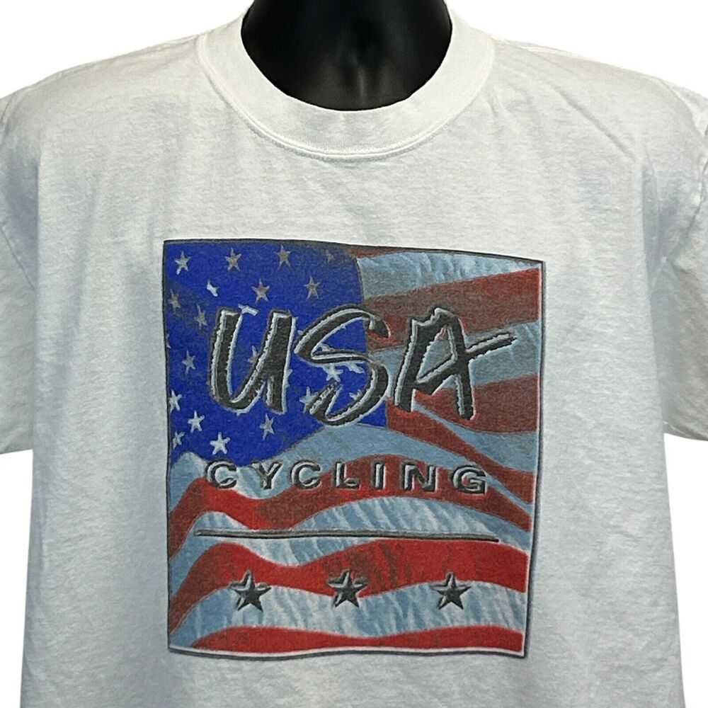 Vintage 90s USA Cycling USCF T Shirt Summer Olympics Bicycling White L Large